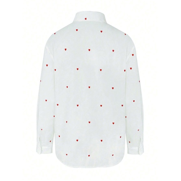 White Casual Shirt Red Hearts Button Down Up Long Sleeve - Picture 8 of 11